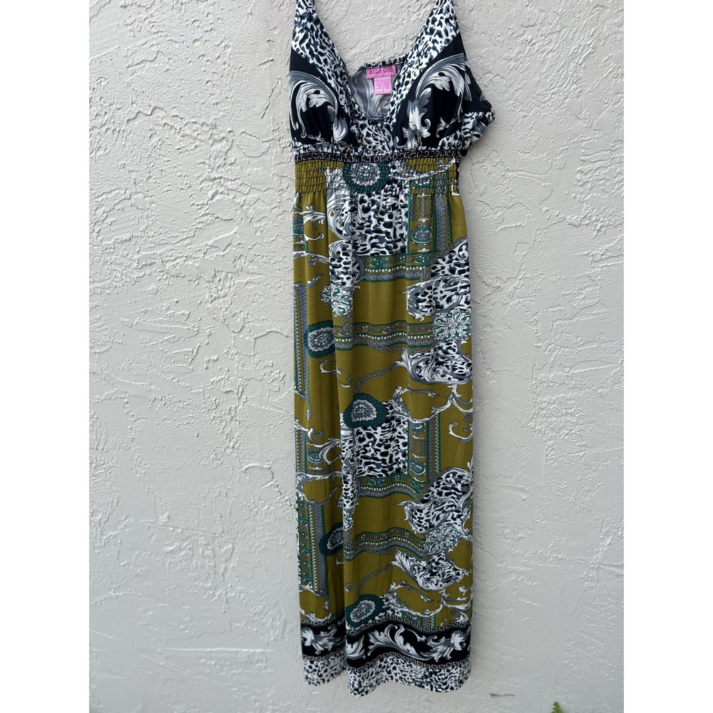 Shes Cool Maxi Dress Large Leopard Baroque Print Smocked Waist Olive Black L